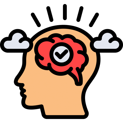 Head with brain illustration, featuring a check mark and clouds, symbolizing clarity and positive thinking.